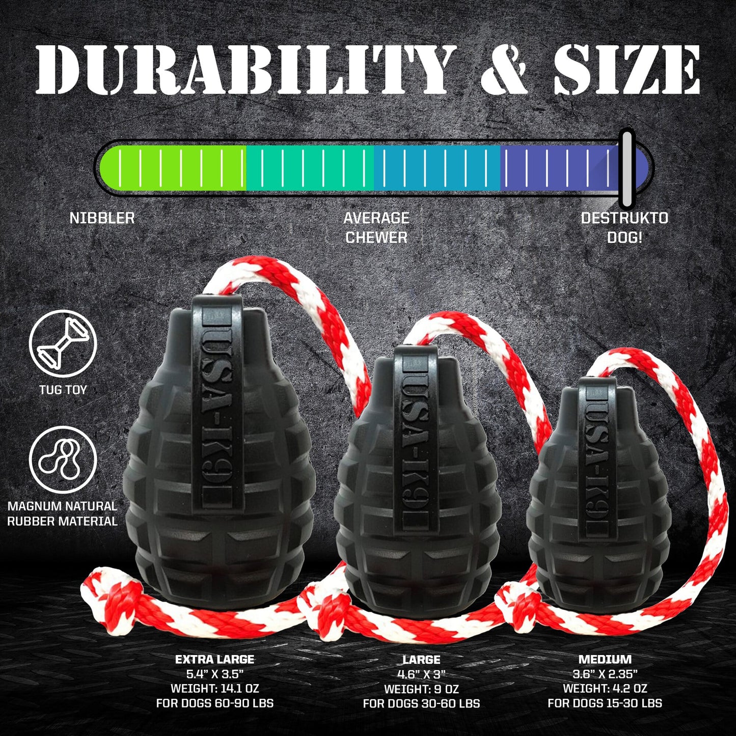 USA-K9 Magnum Grenade - Black Magnum Rubber Chew Toy for Extreme Chewers | USA Made