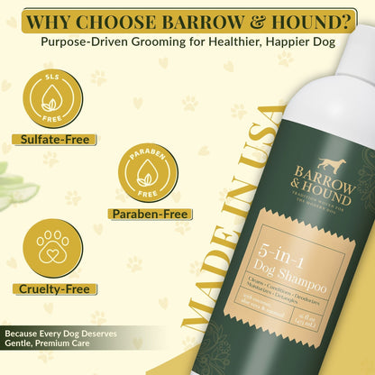 Barrow & Hound - 5-in-1 Dog Shampoo – Cleans, Conditions, Deodorizes, Moisturizes & Detangles – with Coconut, Oatmeal & Aloe – for Sensitive Skin – 16 fl oz Barrow & Hound