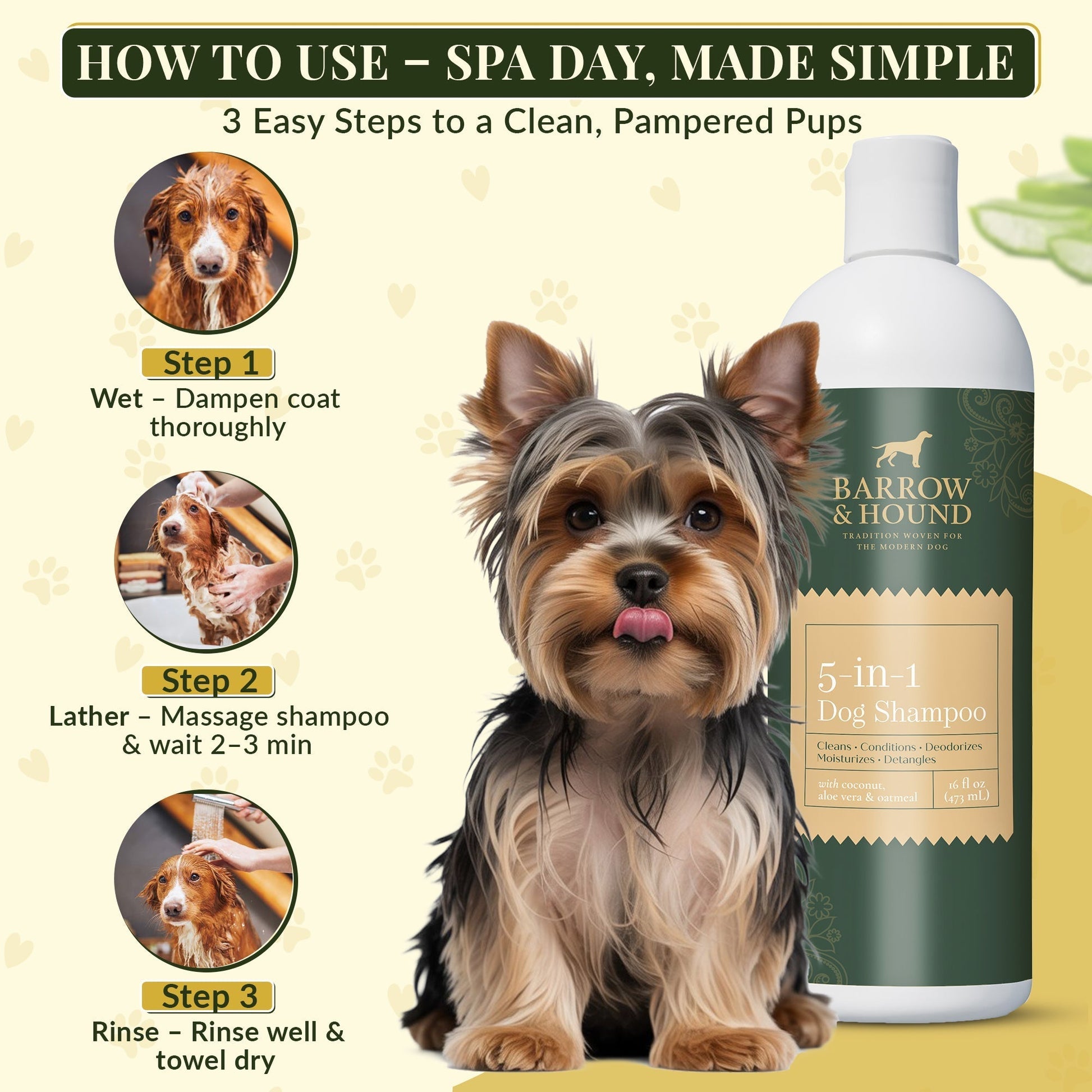 Barrow & Hound - 5-in-1 Dog Shampoo – Cleans, Conditions, Deodorizes, Moisturizes & Detangles – with Coconut, Oatmeal & Aloe – for Sensitive Skin – 16 fl oz Barrow & Hound