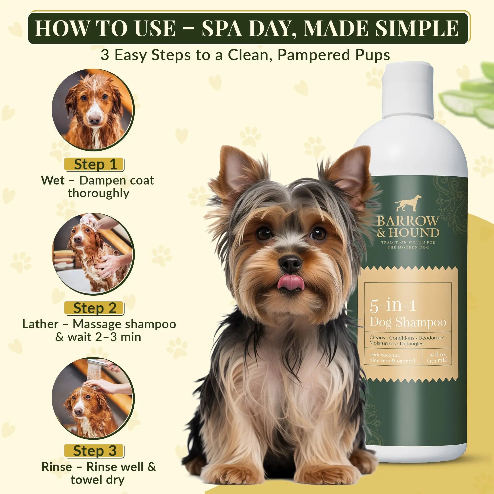 5-in-1 Dog Shampoo – Cleans, Conditions, Deodorizes, Moisturizes & Detangles – with Coconut, Oatmeal & Aloe – for Sensitive Skin – 16 fl oz Barrow & Hound