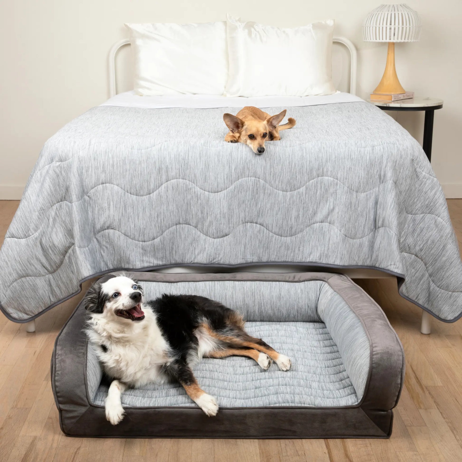 PupChill™ Cooling Bolster Dog Bed + Waterproof Blanket Bundle - Arctic Grey Paw.com
