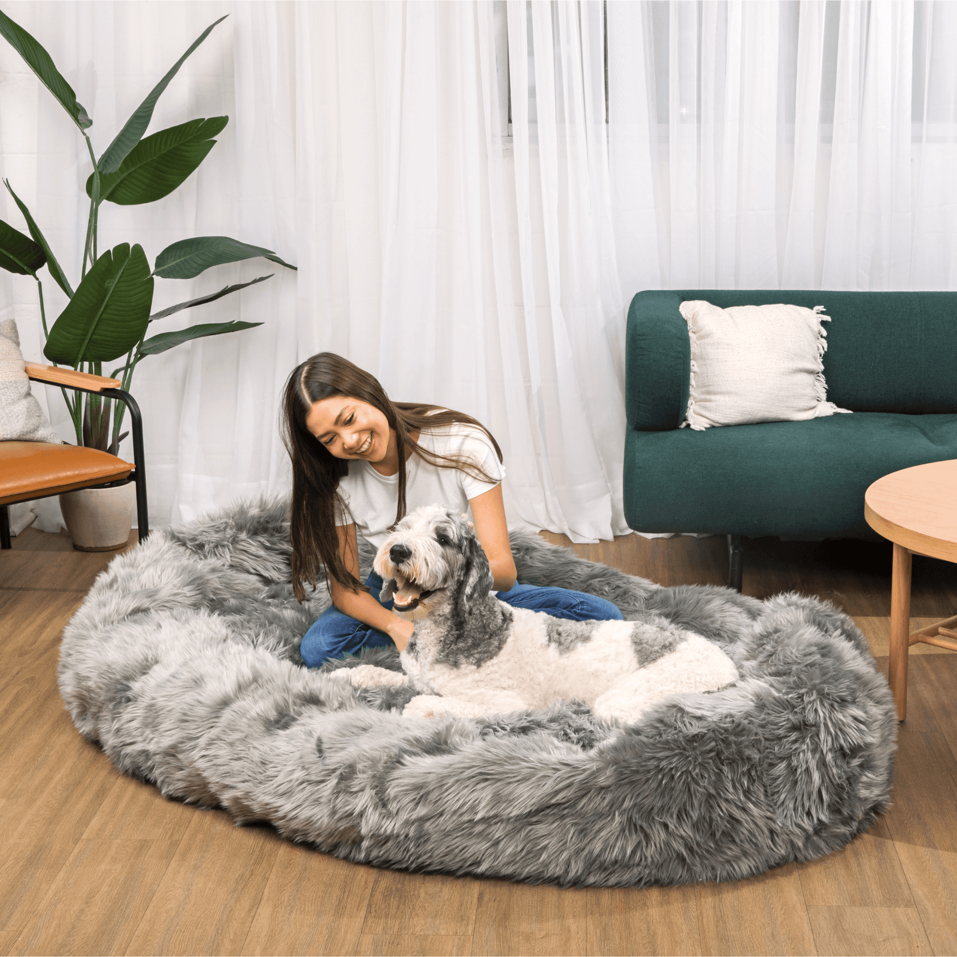 PupCloud™ Human-Size Faux Fur Memory Foam Dog Bed - Charcoal Grey Paw.com