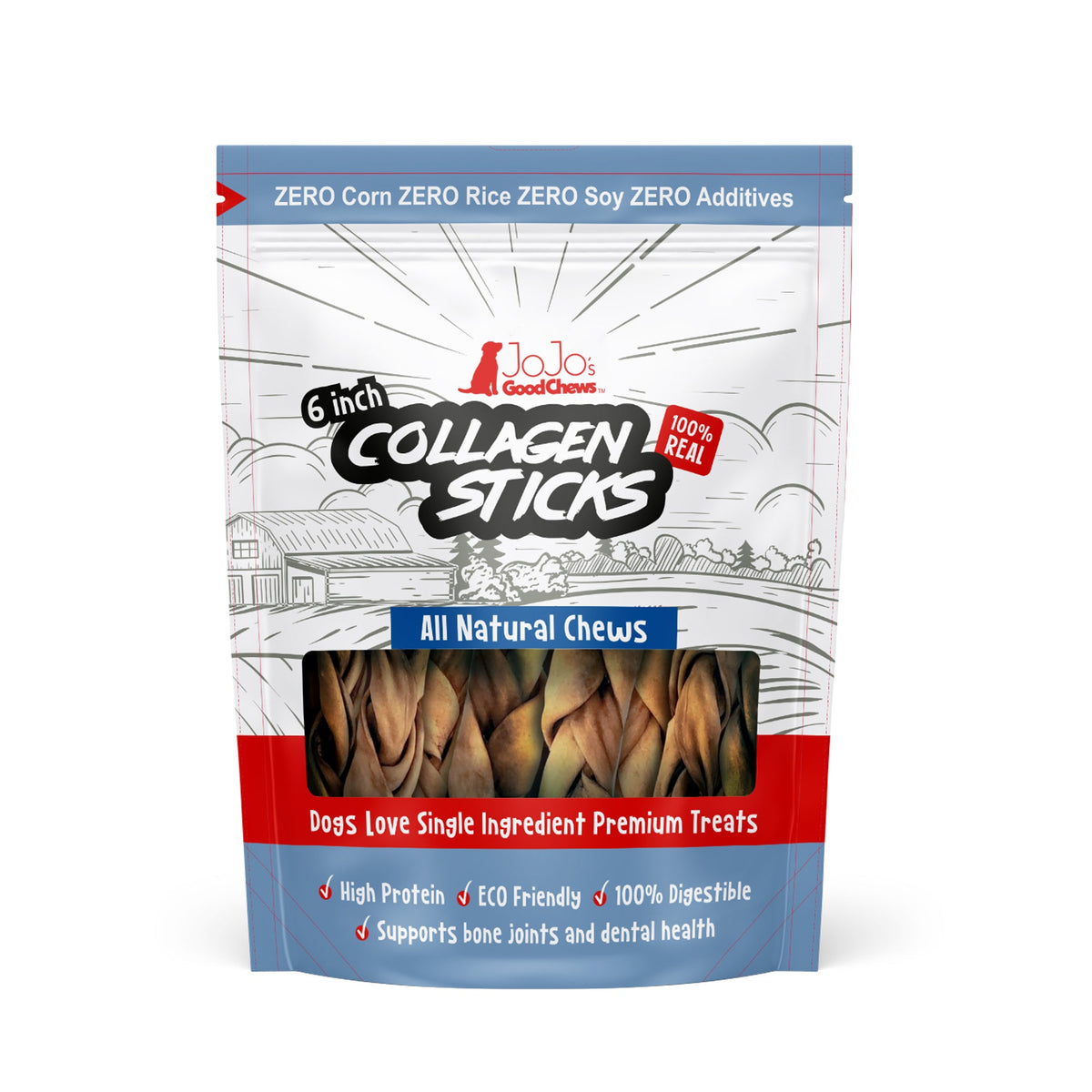 All-Natural Braided Collagen Stick Dog Treats, Supports Joint, Skin & Coat Health – 6-Inch Standard (4-Pack)