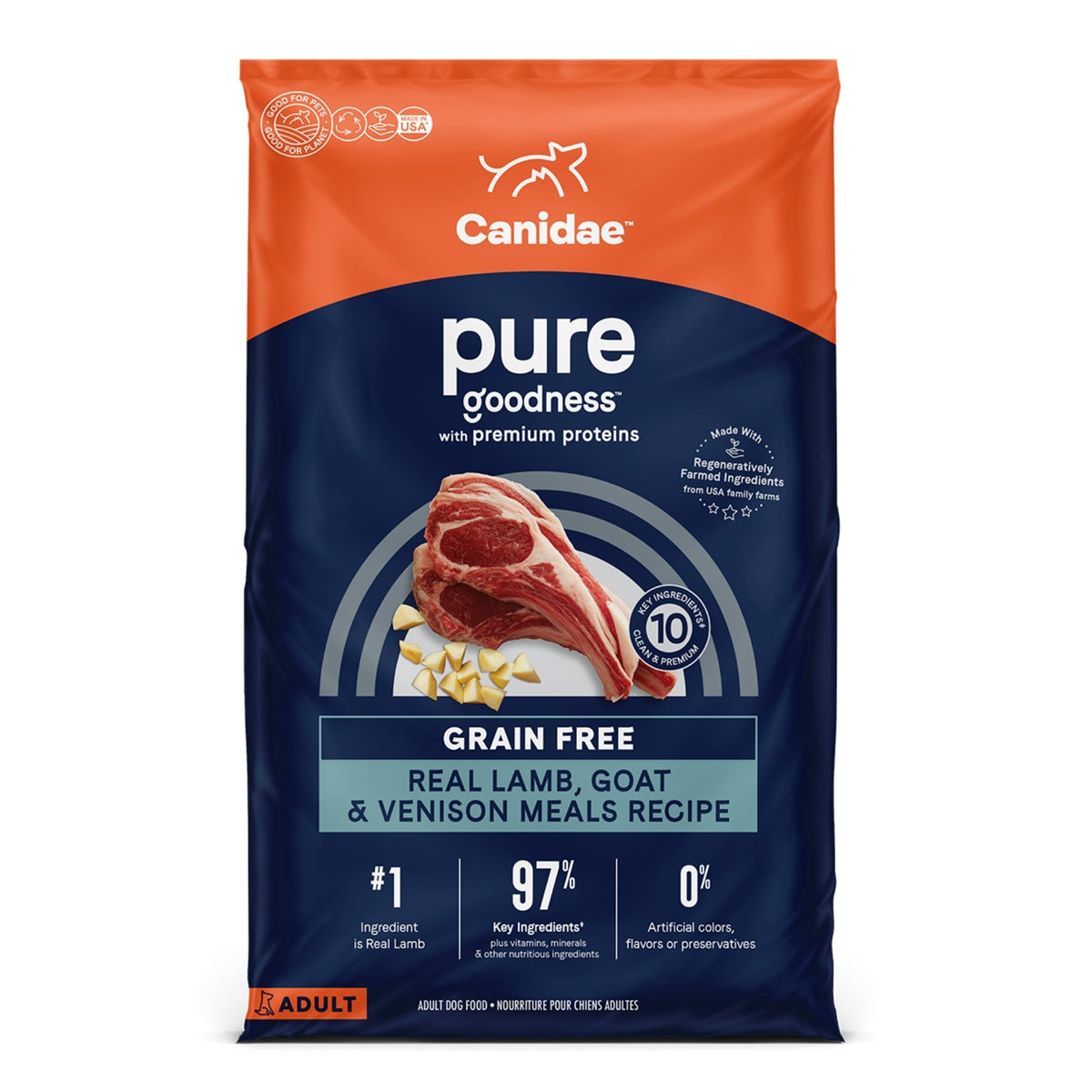 CANIDAE PURE goodness Grain-Free LID Dry Dog Food Lamb, Goat & Venison 22lb