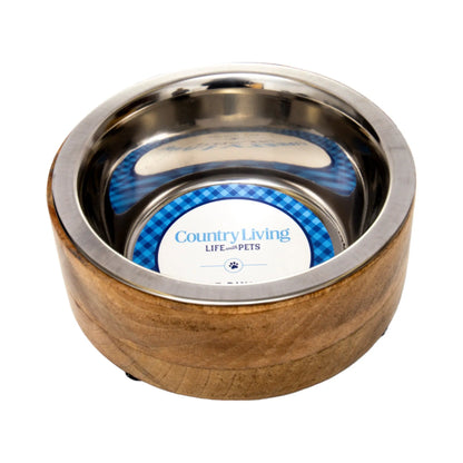 Country Living Stainless Steel Dog Bowl with Cylindrical Mango Wood Holder American Pet Supplies