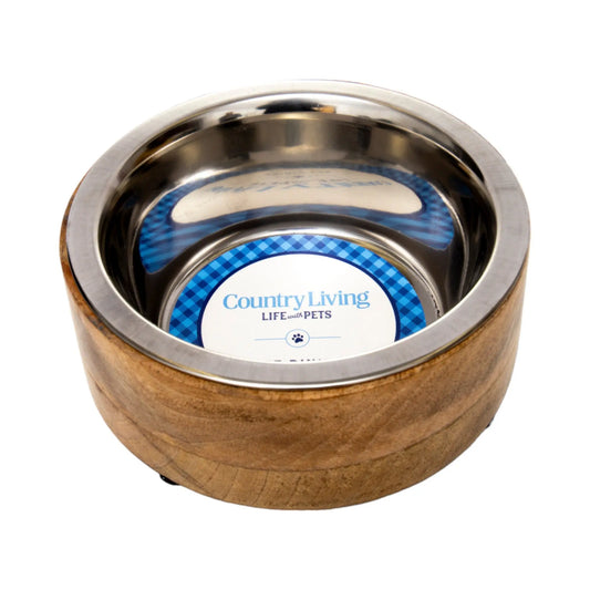 Country Living Stainless Steel Dog Bowl with Cylindrical Mango Wood Holder American Pet Supplies
