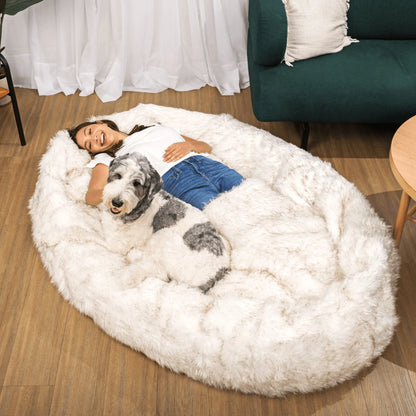 PupCloud™ Human-Size Faux Fur Memory Foam Dog Bed - White with Brown Accents Paw.com