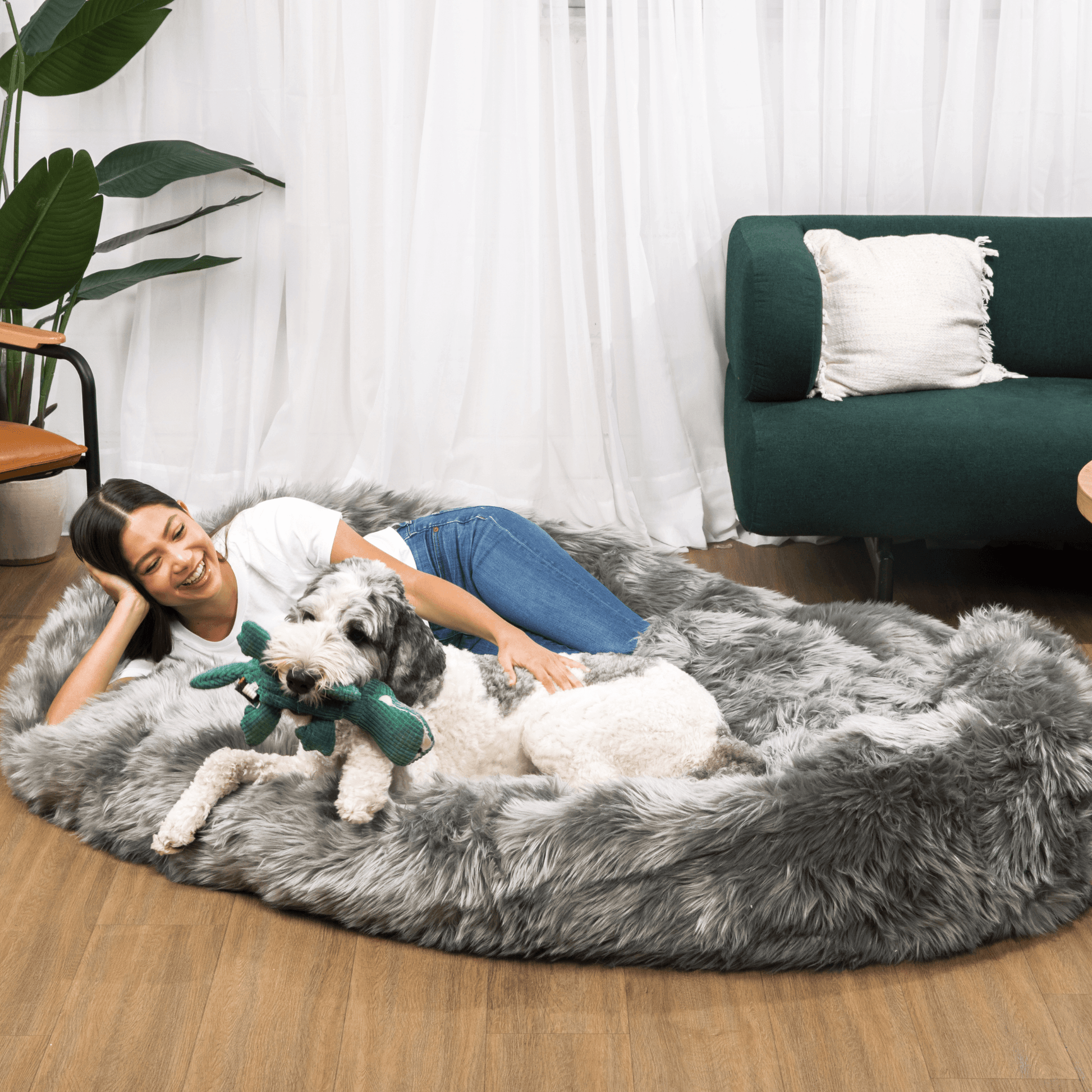 PupCloud™ Human-Size Faux Fur Memory Foam Dog Bed - Charcoal Grey Paw.com