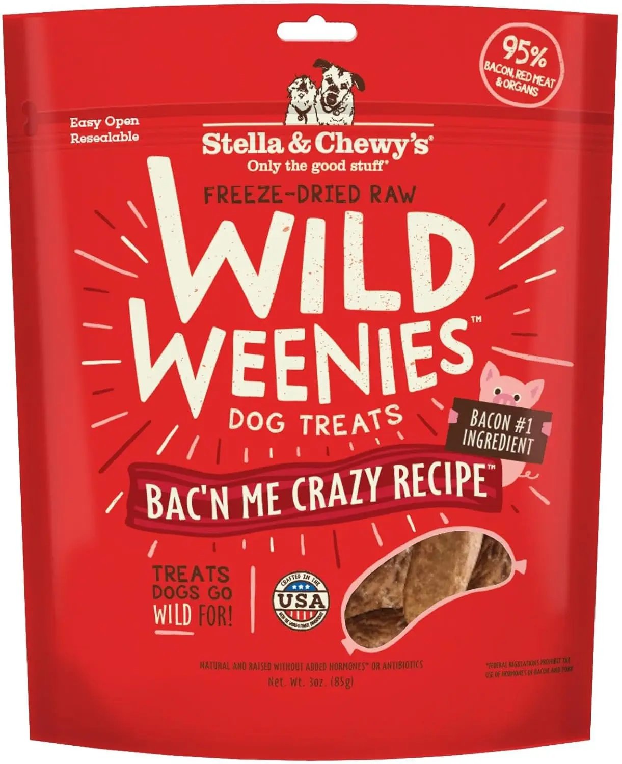 Freeze-Dried Raw Wild Weenies Dog Treats - High-Protein Training Treats for Dogs & Puppies - All-Natural Bacon Recipe with 95% Meat & Organs - USA Made - 3 Oz Bag