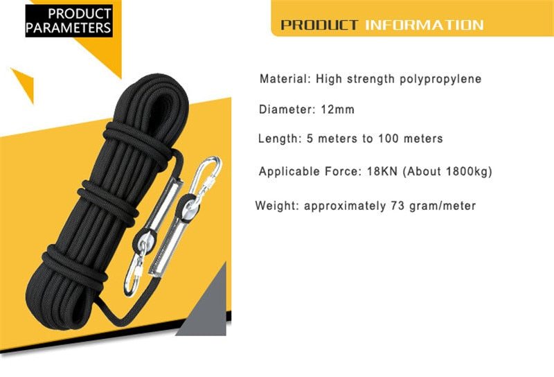 Professional Climbing Cord 12mm Diameter Length 10-100m 18KN High Strength polypropylene Paracord Safety Rope with 2pcs Buckle