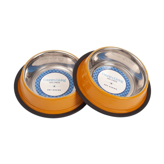 Country Living Set of 2 Ribbed Non-Slip Pet Bowls – Golden Yellow American Pet Supplies