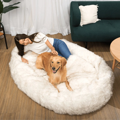 PupCloud™ Human-Size Faux Fur Memory Foam Dog Bed - White with Brown Accents Paw.com
