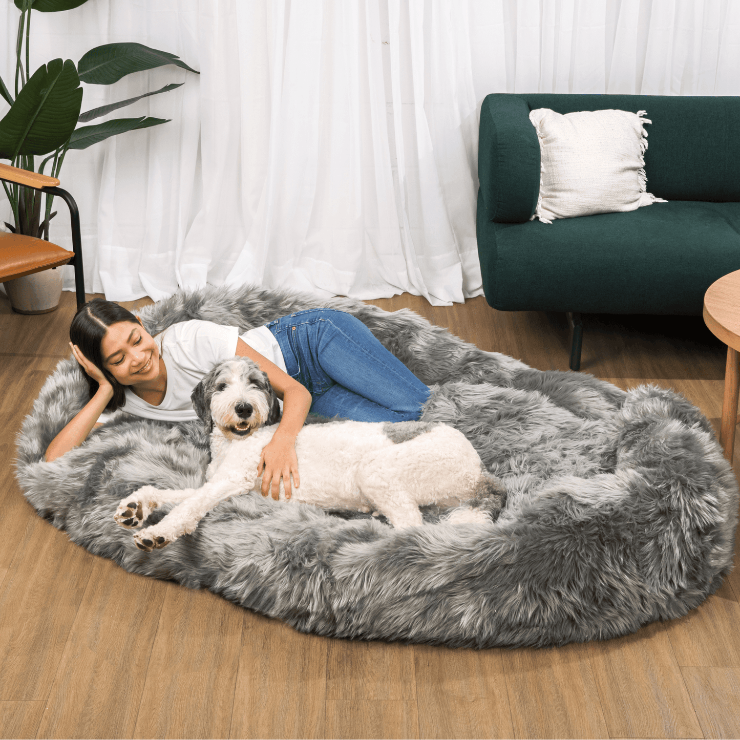PupCloud™ Human-Size Faux Fur Memory Foam Dog Bed - Charcoal Grey Paw.com