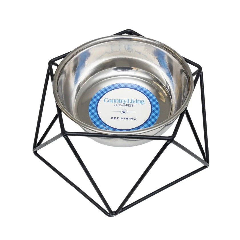 Country Living Elevated Single Dog Bowl Feeder – Geometric Design with Removable Stainless Steel Bowl