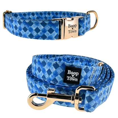 Blue Checker Collar + Leash Set Boop Town