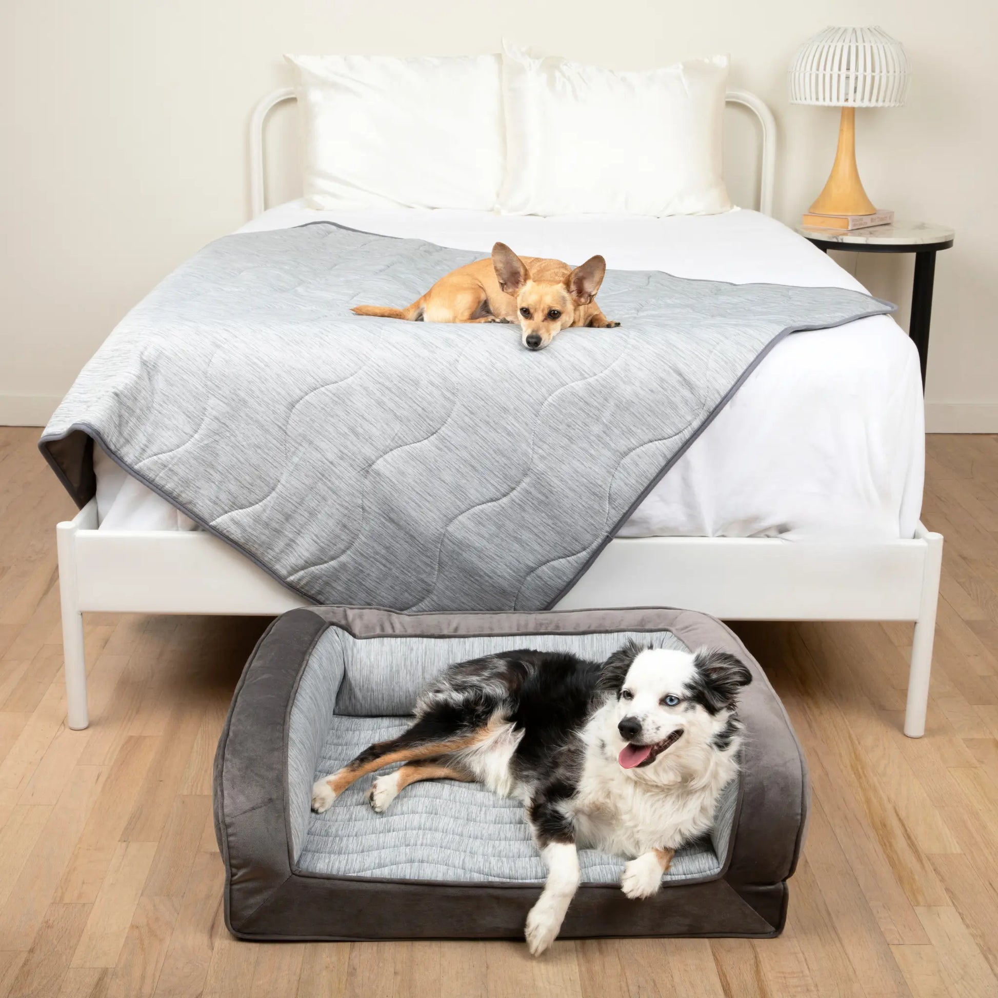 PupChill™ Cooling Bolster Dog Bed + Waterproof Blanket Bundle - Arctic Grey Paw.com