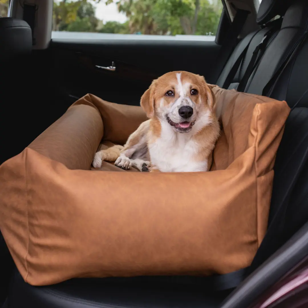 PupProtector™ Faux Leather Memory Foam Dog Car Bed - Camel Paw.com