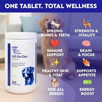 Vets Value All-in-One Dog Vitamins – 365 Chewable Tablets – Advanced Multivitamin & Mineral Supplement for Dogs – Supports Joints, Immunity, Skin & Coat – Daily Wellness for All Breeds Horizon Animal Care