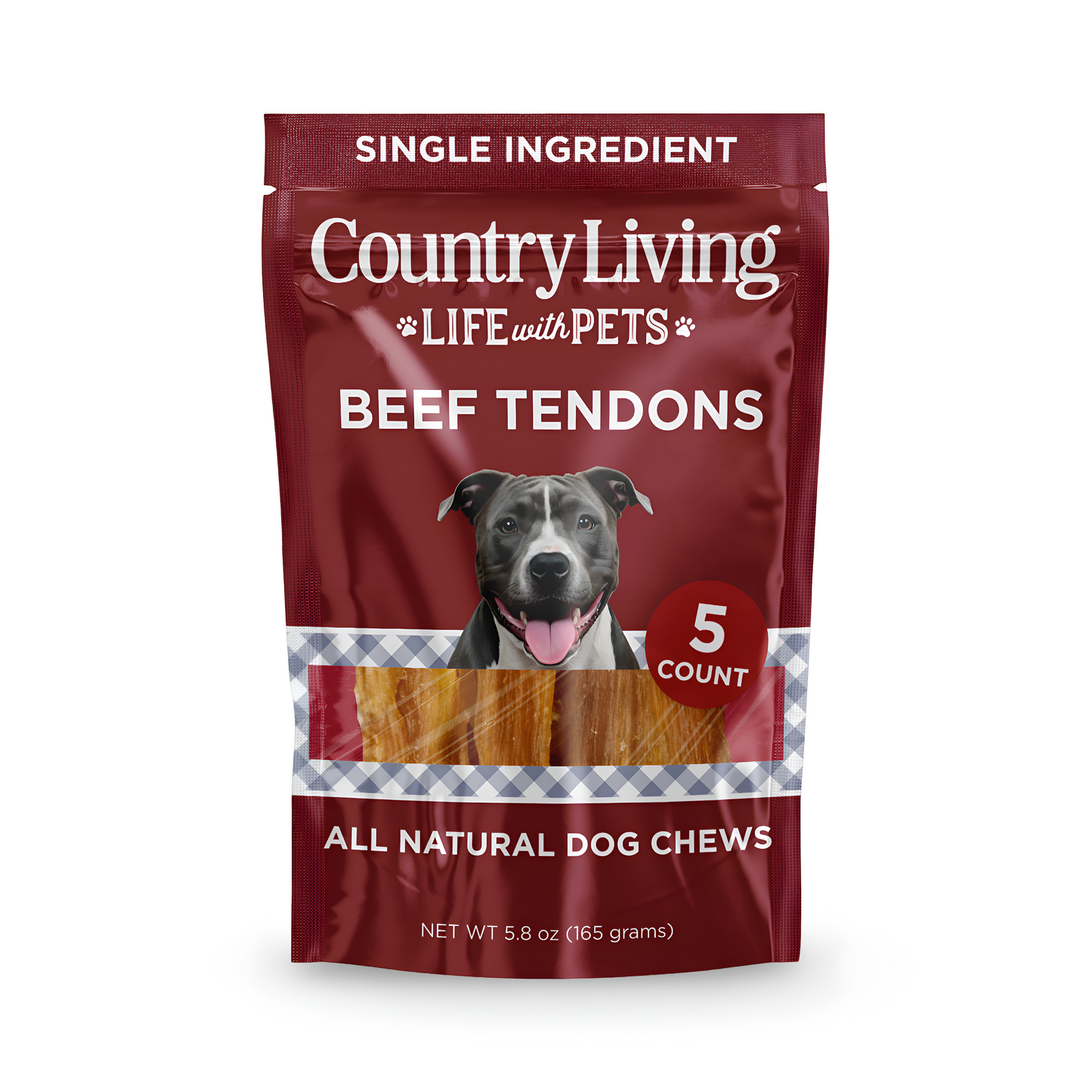 Country Living 4”-7” Beef Backstrap Tendon Dog Chews – 5 Count Bag – All-Natural, Long-Lasting, High-Protein Dog Treats – Single-Ingredient, Grain-Free American Pet Supplies
