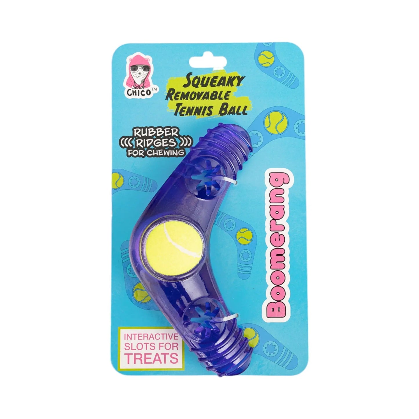 TPR Boomerang Dog Chew Toy with Removable Squeaker Tennis Ball & Treat Fill American Pet Supplies