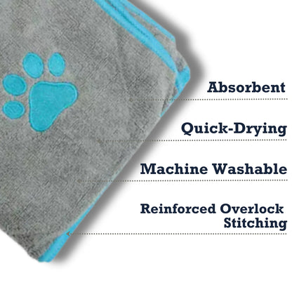 Country Living Large Gray Microfiber Dog Bath Towel with Teal Embroidered Paw Print American Pet Supplies