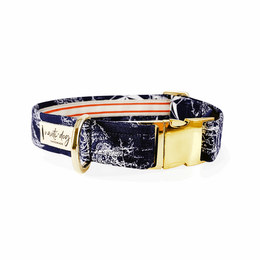 Carta Marina Navy Vintage Nautical Toile Buckle & Martingale Dog Collar Nauti-dog Handmade