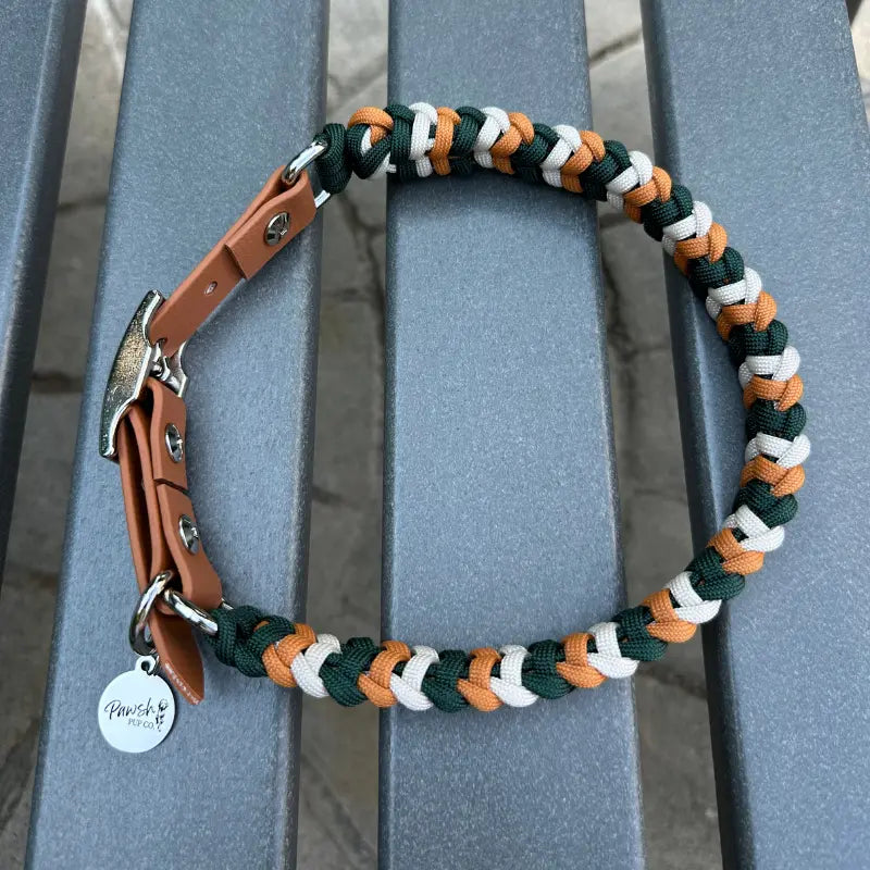 Coiled Charm Hand Braided Dog Collar in Hunter Green, Mustard, & Cream Pawsh Pup Co.