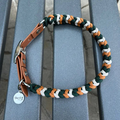 Coiled Charm Hand Braided Dog Collar in Hunter Green, Mustard, & Cream Pawsh Pup Co.