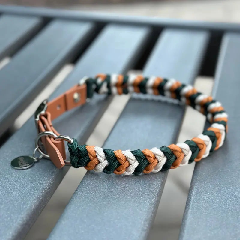 Coiled Charm Hand Braided Dog Collar in Hunter Green, Mustard, & Cream