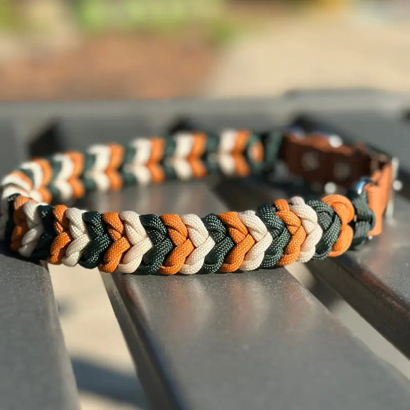 Coiled Charm Hand Braided Dog Collar in Hunter Green, Mustard, & Cream Pawsh Pup Co.