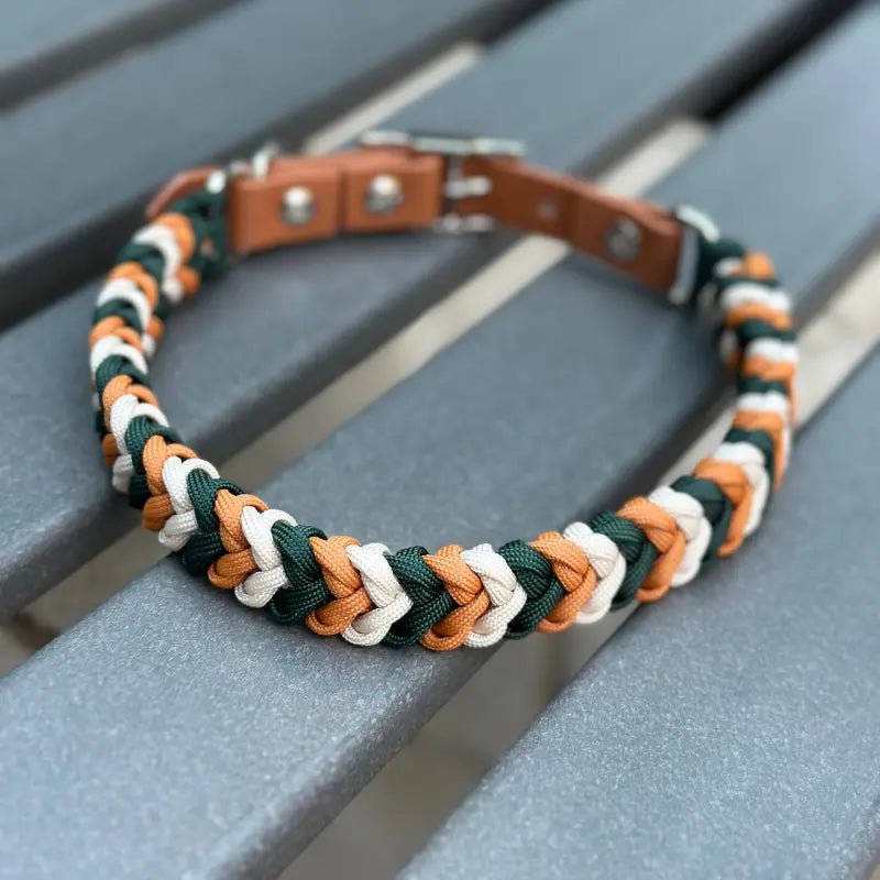Coiled Charm Hand Braided Dog Collar in Hunter Green, Mustard, & Cream Pawsh Pup Co.