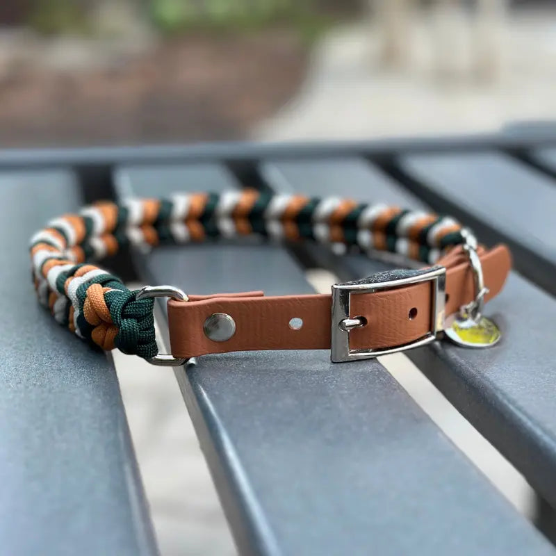 Coiled Charm Hand Braided Dog Collar in Hunter Green, Mustard, & Cream Pawsh Pup Co.