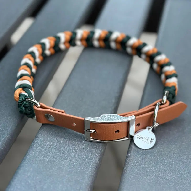 Coiled Charm Hand Braided Dog Collar in Hunter Green, Mustard, & Cream Pawsh Pup Co.