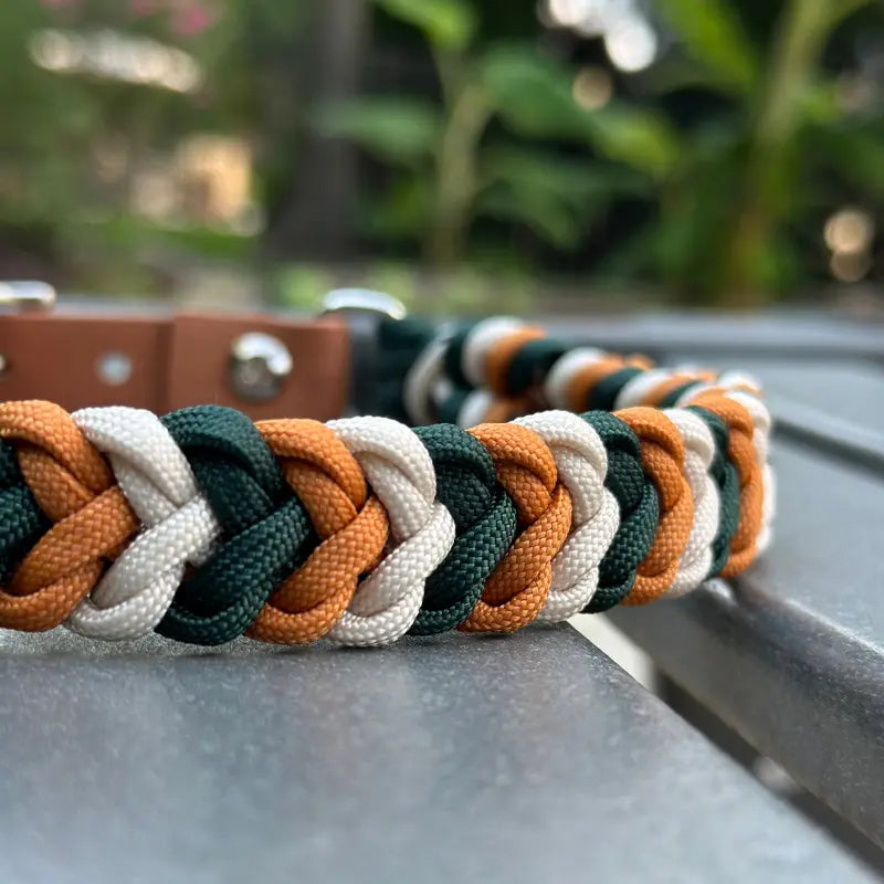 Coiled Charm Hand Braided Dog Collar in Hunter Green, Mustard, & Cream Pawsh Pup Co.