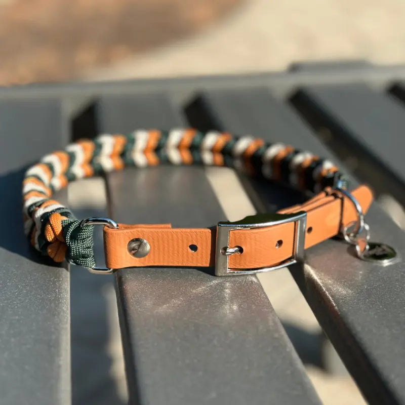 Coiled Charm Hand Braided Dog Collar in Hunter Green, Mustard, & Cream Pawsh Pup Co.