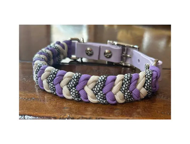 Coiled Charm Hand Braided Dog Collar in Lilac, Cream, & Silver Diamonds Pawsh Pup Co.