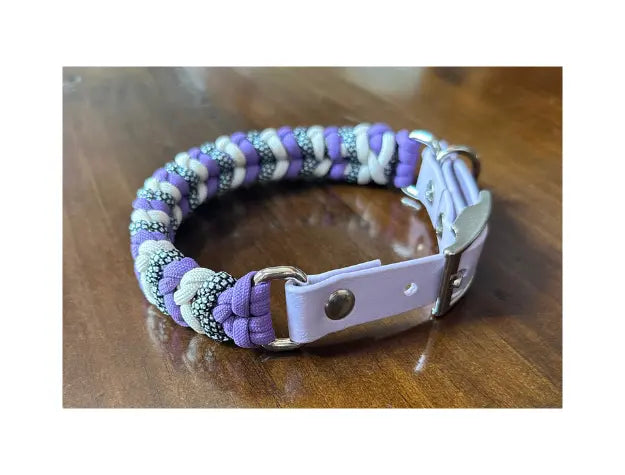 Coiled Charm Hand Braided Dog Collar in Lilac, Cream, & Silver Diamonds Pawsh Pup Co.
