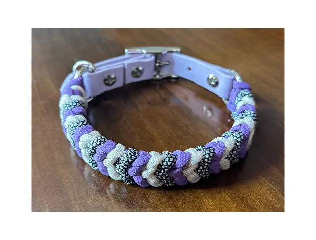 Coiled Charm Hand Braided Dog Collar in Lilac, Cream, & Silver Diamonds Pawsh Pup Co.