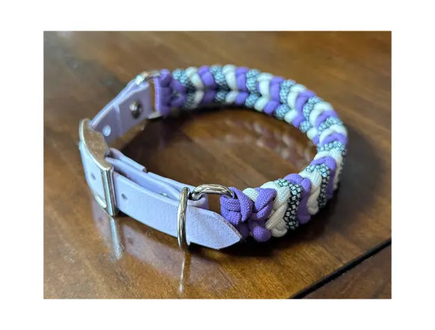 Coiled Charm Hand Braided Dog Collar in Lilac, Cream, & Silver Diamonds Pawsh Pup Co.