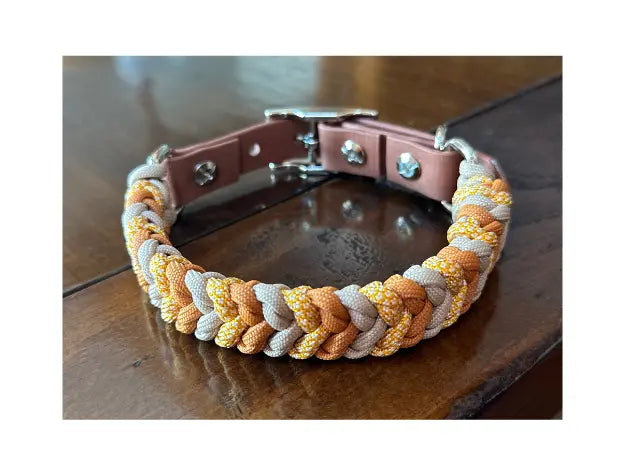 Coiled Charm Hand Braided Dog Collar in Mustard, Goldenrod, & Light Tan Pawsh Pup Co.