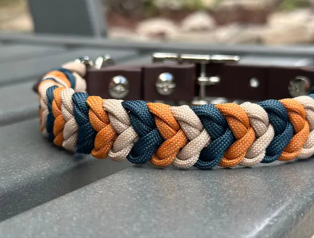 Coiled Charm Hand Braided Dog Collar in Mustard, Navy, & Light Tan Pawsh Pup Co.