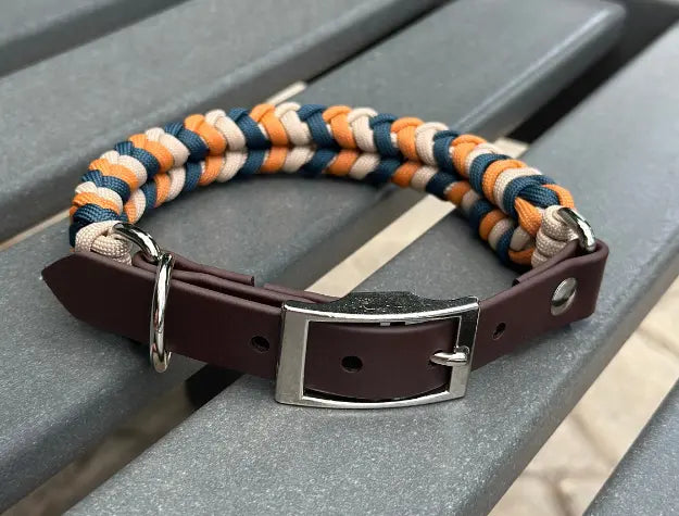 Coiled Charm Hand Braided Dog Collar in Mustard, Navy, & Light Tan Pawsh Pup Co.