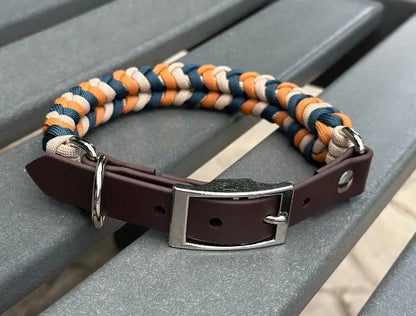 Coiled Charm Hand Braided Dog Collar in Mustard, Navy, & Light Tan Pawsh Pup Co.