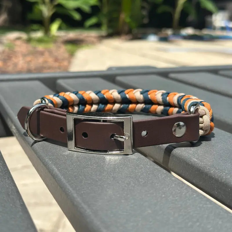 Coiled Charm Hand Braided Dog Collar in Mustard, Navy, & Light Tan Pawsh Pup Co.