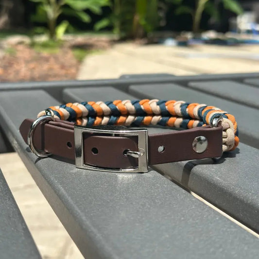 Coiled Charm Hand Braided Dog Collar in Mustard, Navy, & Light Tan Pawsh Pup Co.
