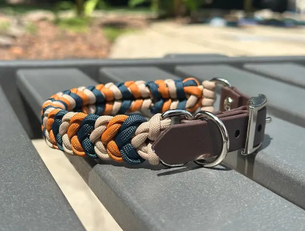 Coiled Charm Hand Braided Dog Collar in Mustard, Navy, & Light Tan Pawsh Pup Co.