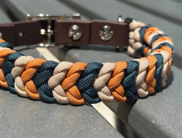 Coiled Charm Hand Braided Dog Collar in Mustard, Navy, & Light Tan Pawsh Pup Co.