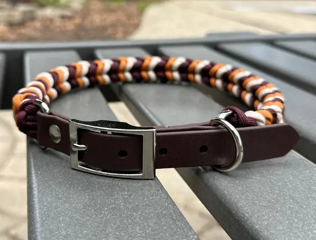 Coiled Charm Hand Braided Dog Collar in Mustard, Burgundy, & Cream Pawsh Pup Co.