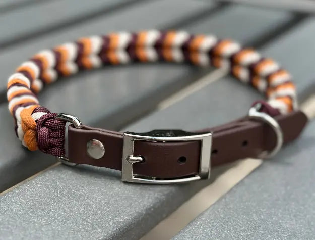 Coiled Charm Hand Braided Dog Collar in Mustard, Burgundy, & Cream