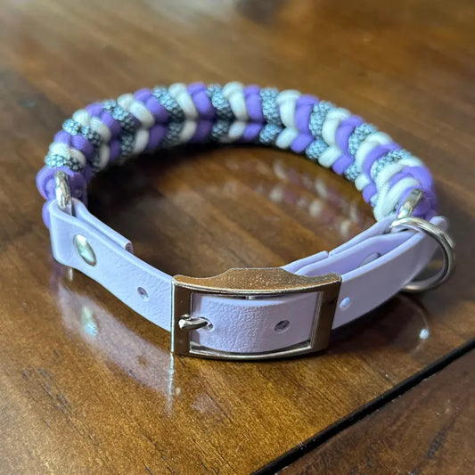 Coiled Charm Hand Braided Dog Collar in Lilac, Cream, & Silver Diamonds Pawsh Pup Co.